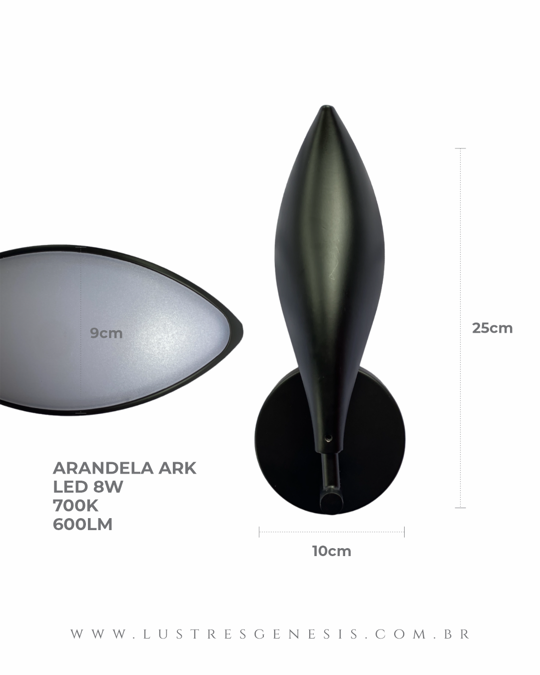 Arandela Moderna de LED Ark Preta, modelo BL001WBK, ideal para quarto, cabeceira de cama, lavabo e hall de entrada. Lustres Genesis loja online de Lustres e Iluminação Decorativa